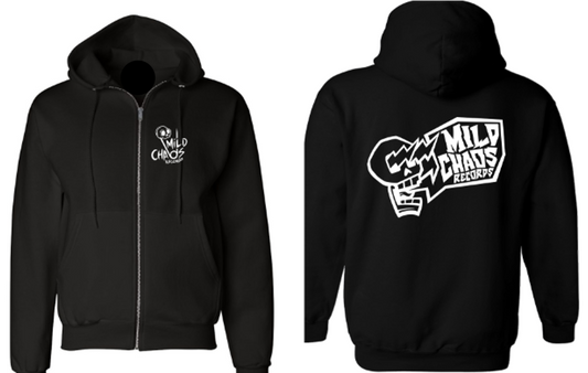 Picture of hooded zip-up sweatshirt with Mild Chaos Record logo in upper left of front and large logo across back