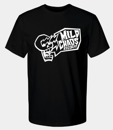 Black t-shirt with white logo on chest. Logo is a skull with lightning bolts shooting from it's eyes and yelling "Mild Chaos Records"